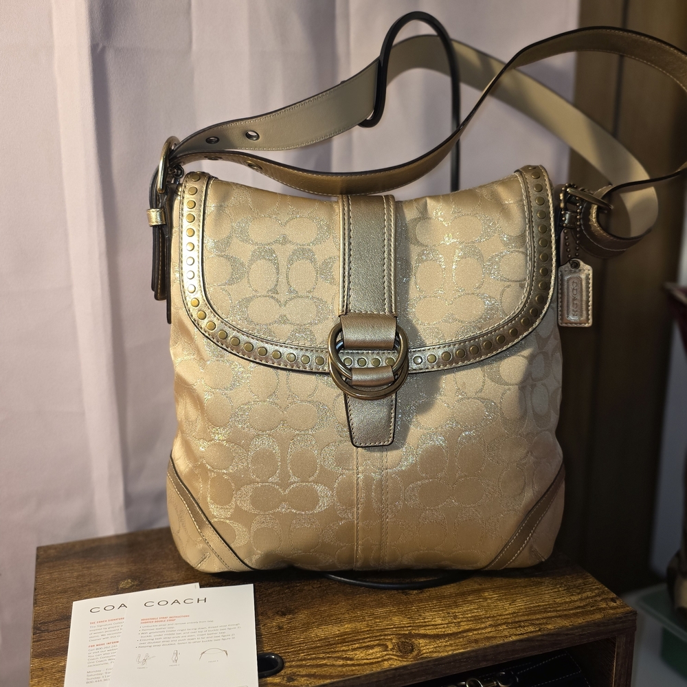 COACH F12852 Gold Metallic Signature C Studded Flap Shoulder Crossbody Bag